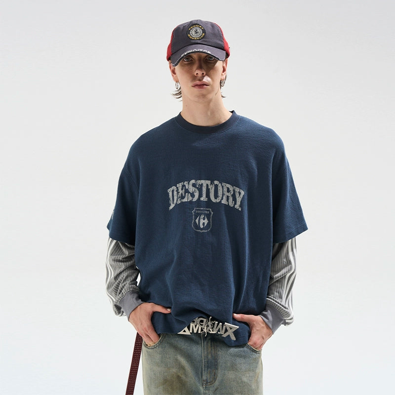 Faded Print Layered-Effect Patchwork Long Sleeve T-Shirt