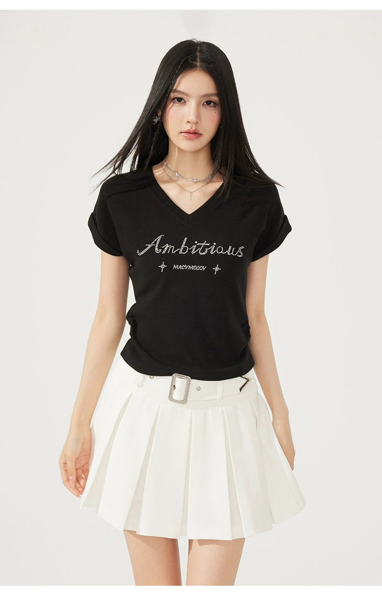 V-neck Waist-cinching Rhinestone Tee