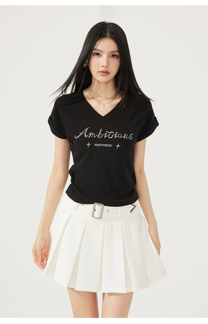 V-neck Waist-cinching Rhinestone Tee