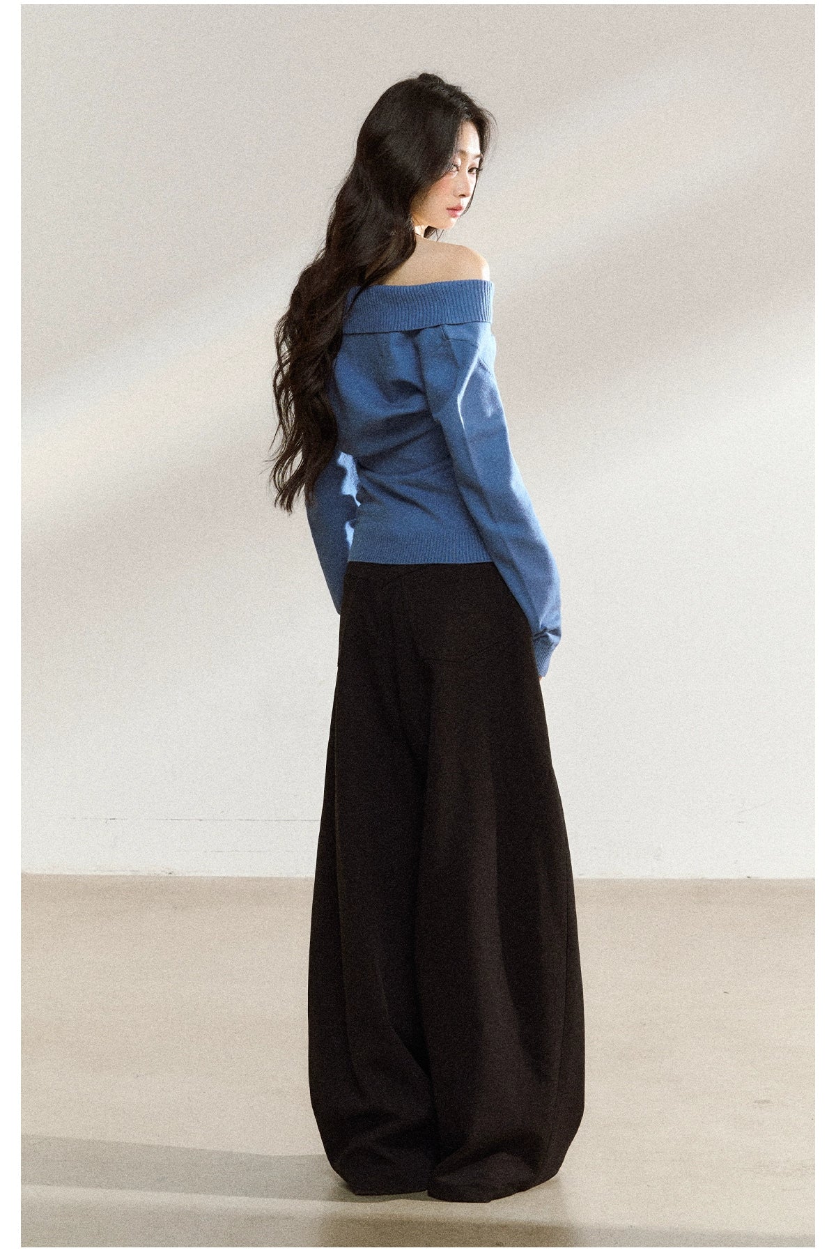 Blue Off-Shoulder Knit Sweater Cardigan