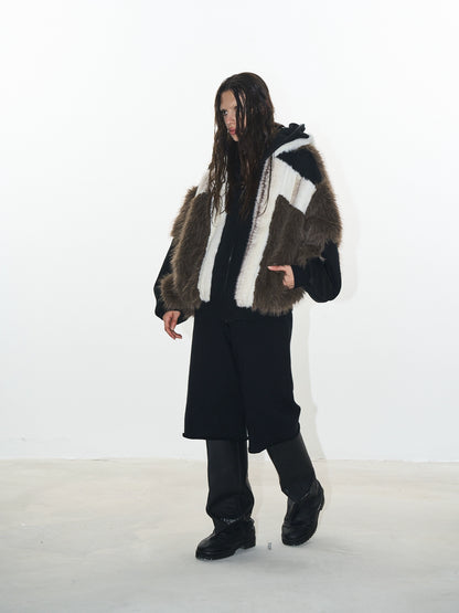 Brown Colorblock Hooded Winter Fleece Coat