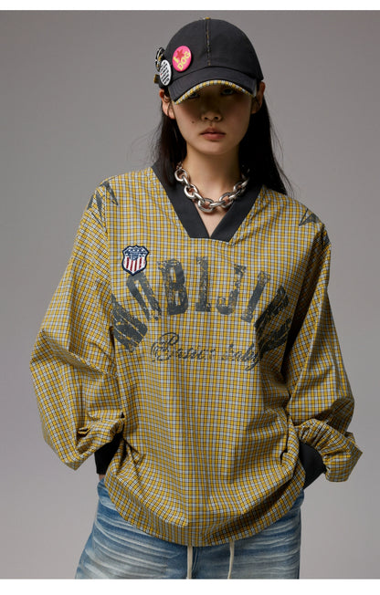 Vintage V-Neck Check Jersey Shirt - CHINASQUAD