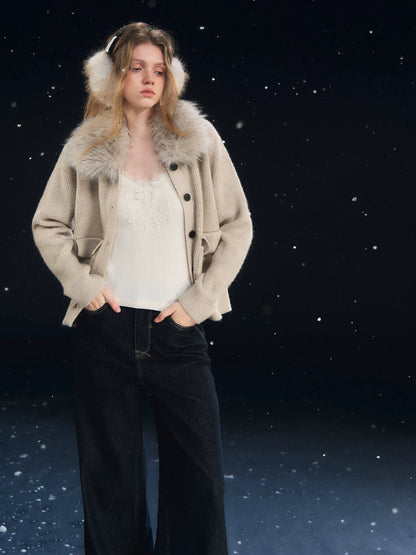 Detachable Fur Collar Ribbed Cardigan