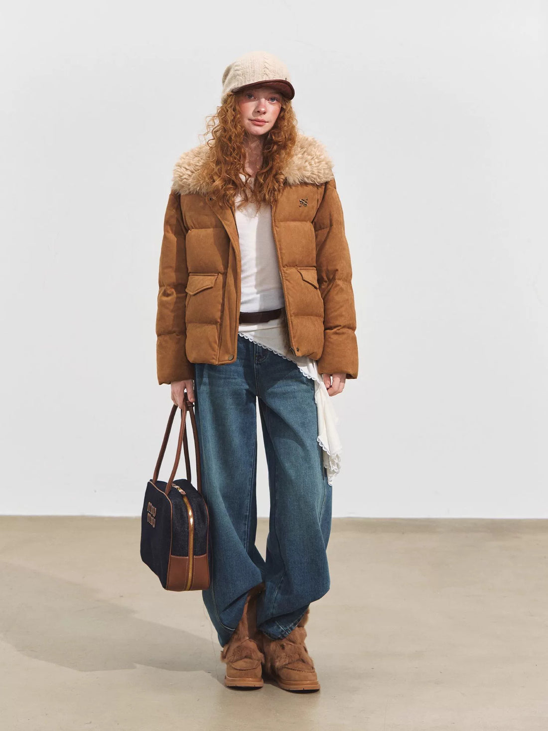 Faux Fur Collar Suede-Panel Down Jacket