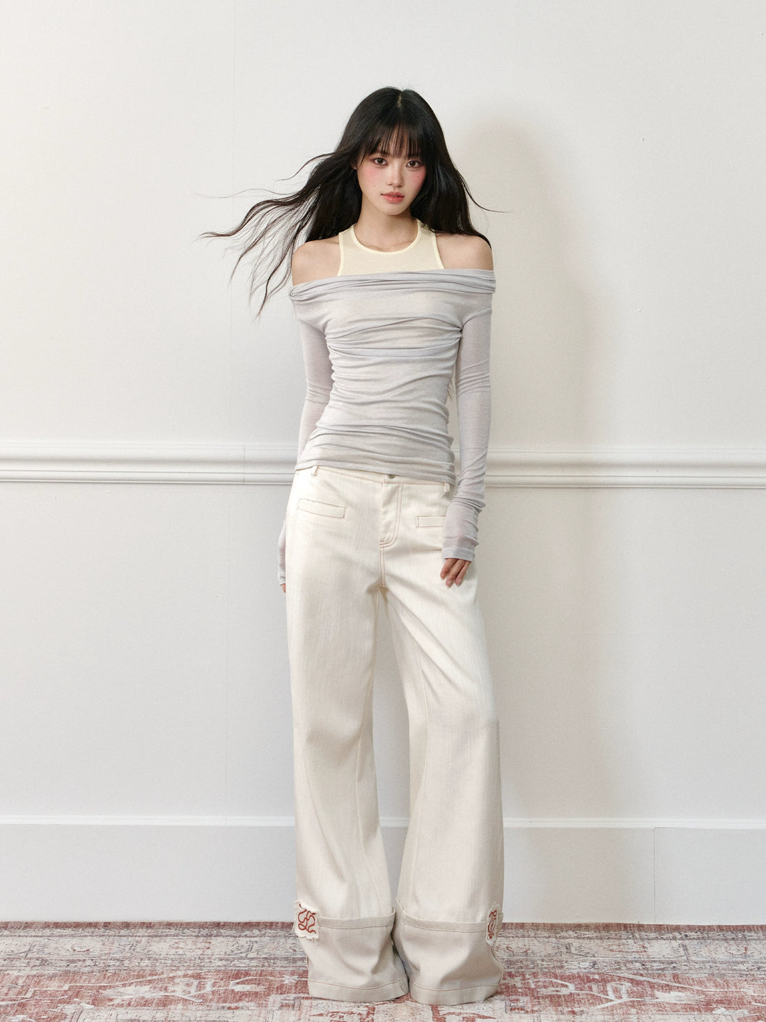 Lyocell Wool Fake Two-Piece Off-Shoulder T-shirt - CHINASQUAD