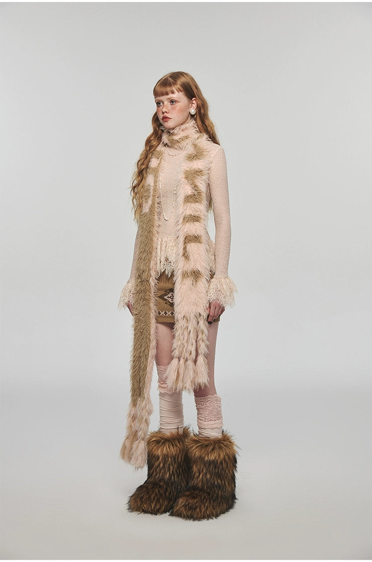 Letter Tassel Mink Fur Embossed Scarf - CHINASQUAD