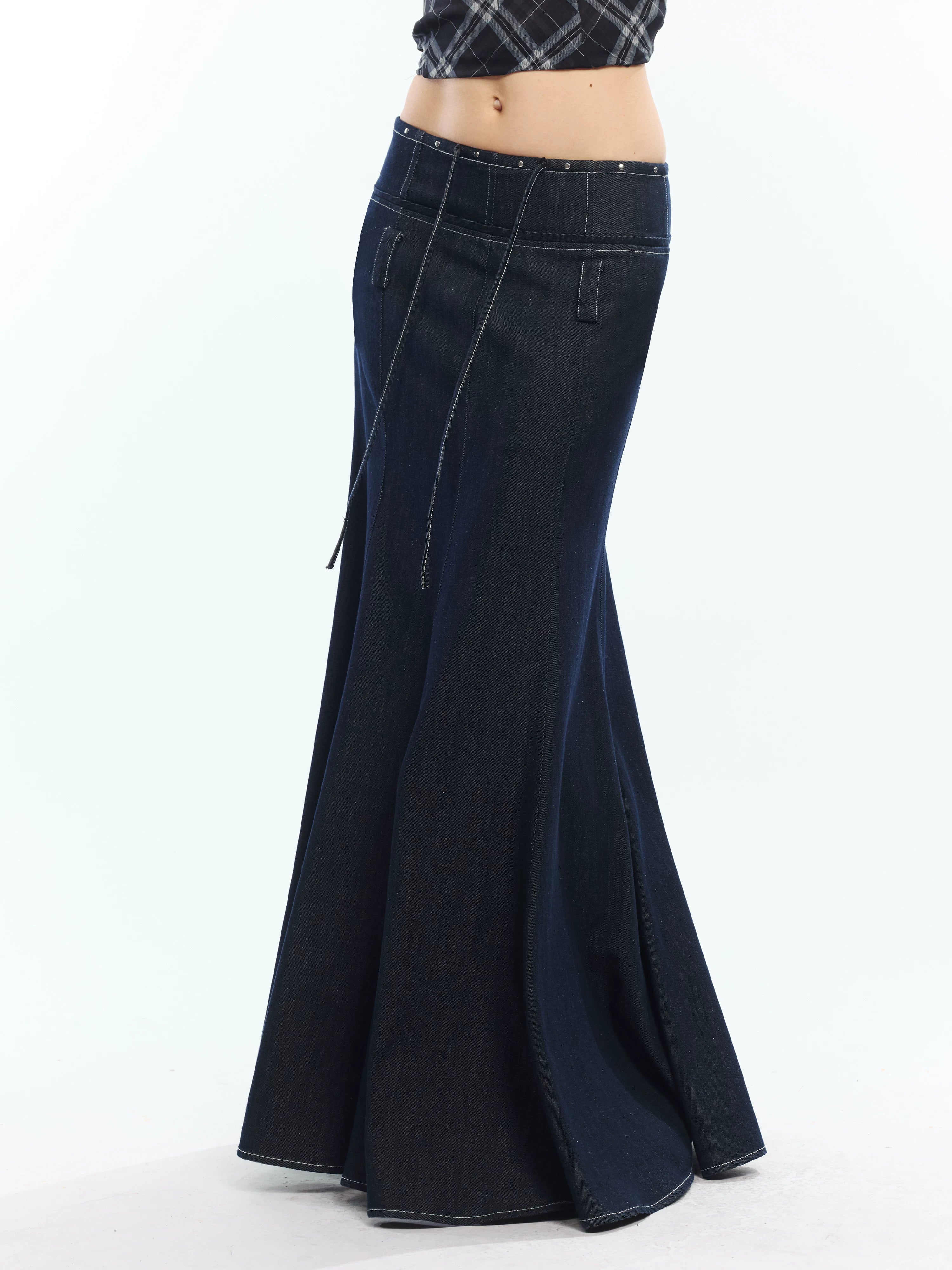 Lyocell Denim Rivet-Detail Fishtail Maxi Skirt