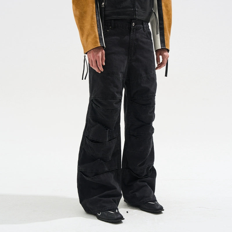 Layered Distressed Washed Loose Fit Denim Jeans