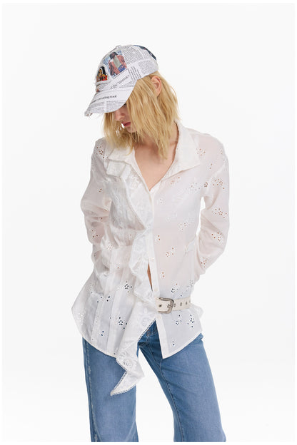 Embroidered Plaid Ruffle-Edge Shirt