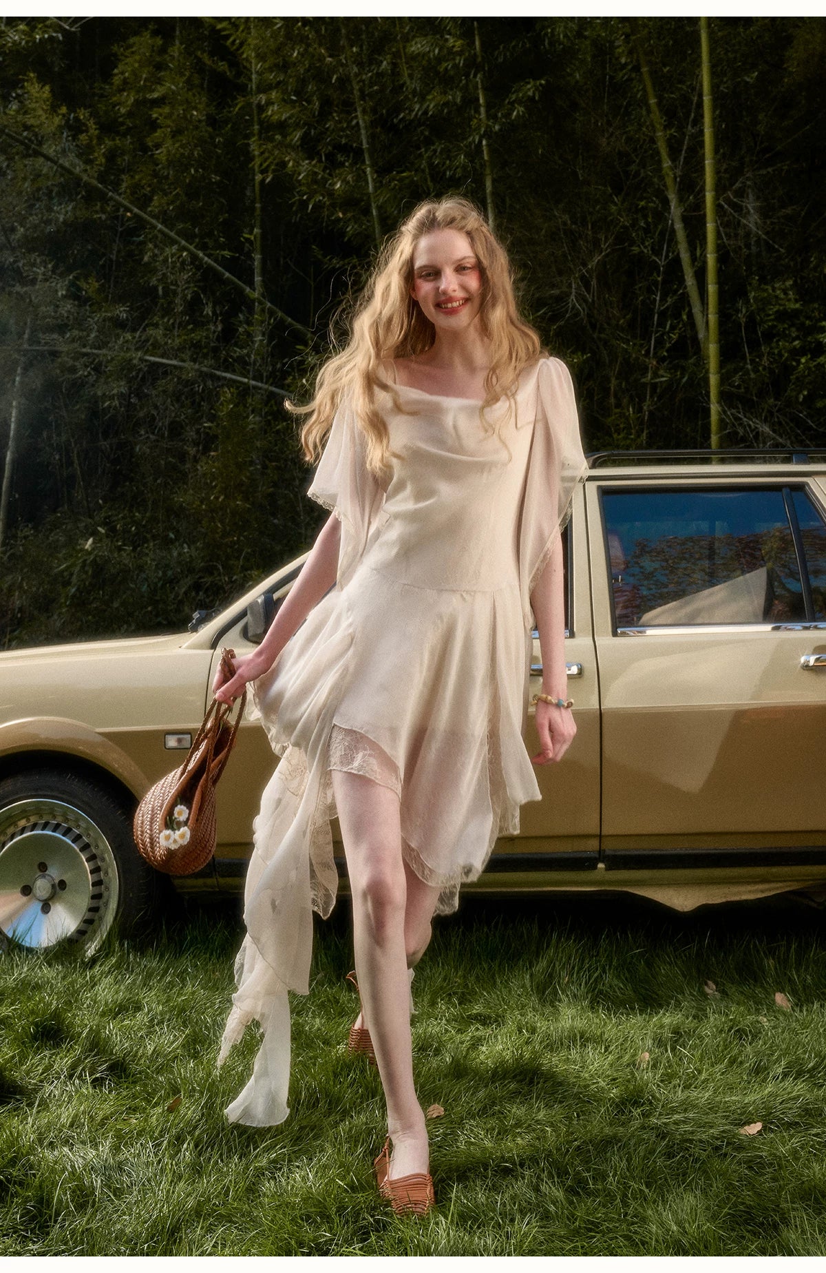 Ethereal Draped Chiffon Lace Asymmetric Dress