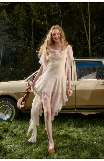 Ethereal Draped Chiffon Lace Asymmetric Dress