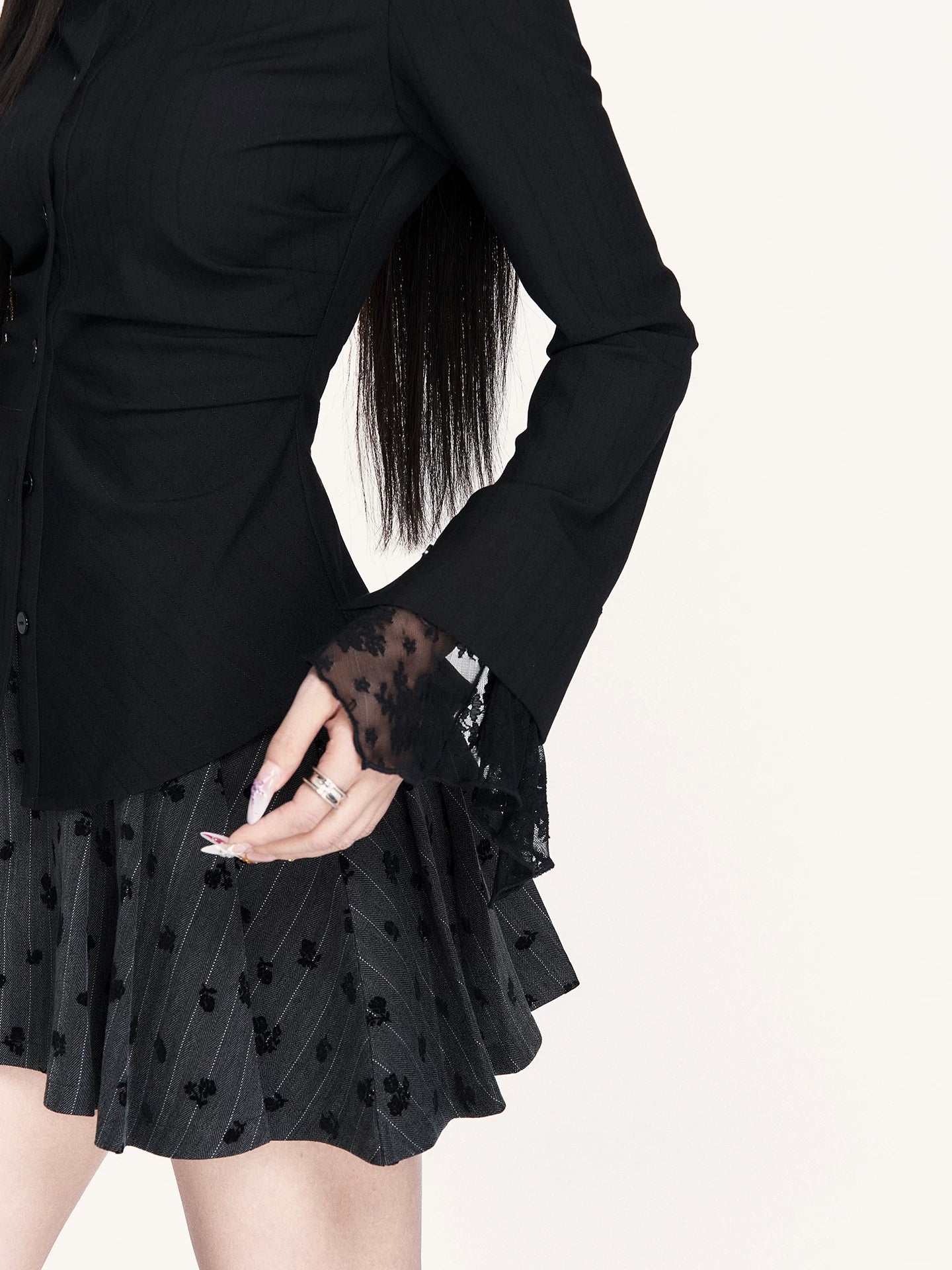 Striped Lace-Panel Waist-Defining Shirt