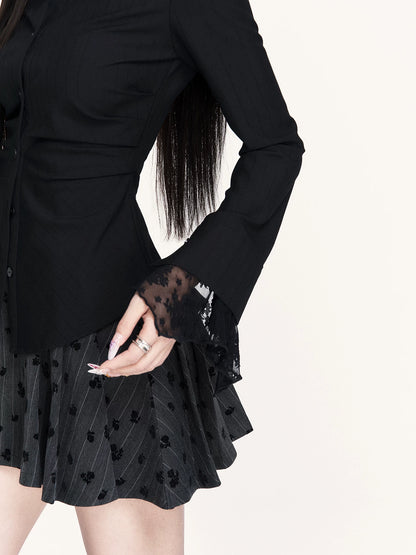 Striped Lace-Panel Waist-Defining Shirt