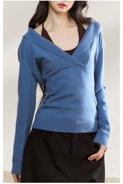 Blue Off-Shoulder Knit Sweater Cardigan
