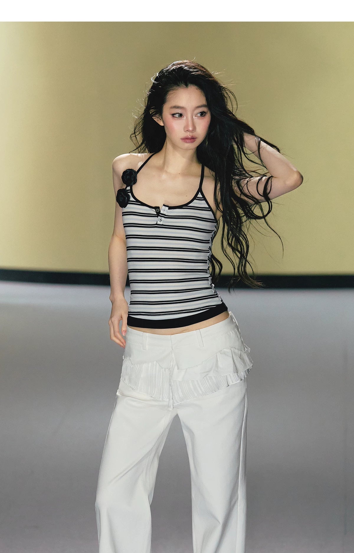Camellia Contrast-Trim Striped Halterneck Cami