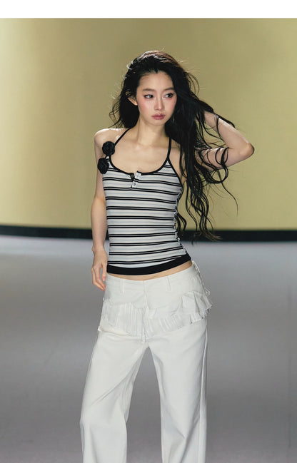 Camellia Contrast-Trim Striped Halterneck Cami