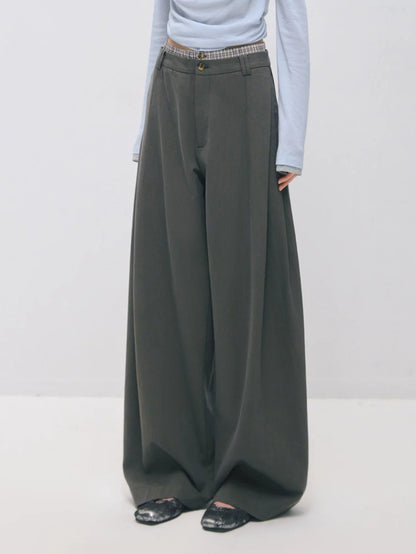 Asymmetric Pleated Curved Wide-Leg Trousers