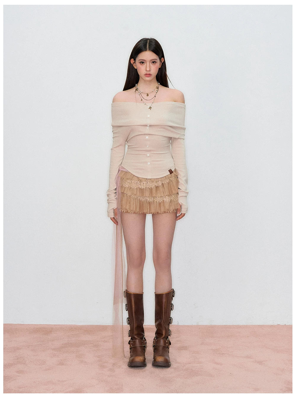 Off-Shoulder Long-Sleeve Knit T-Shirt