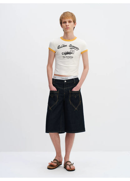 Vintage Raw Denim Cropped Straight-Leg Jeans