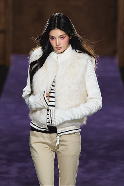 Faux Fur Knit-Panel Two-in-One Cardigan