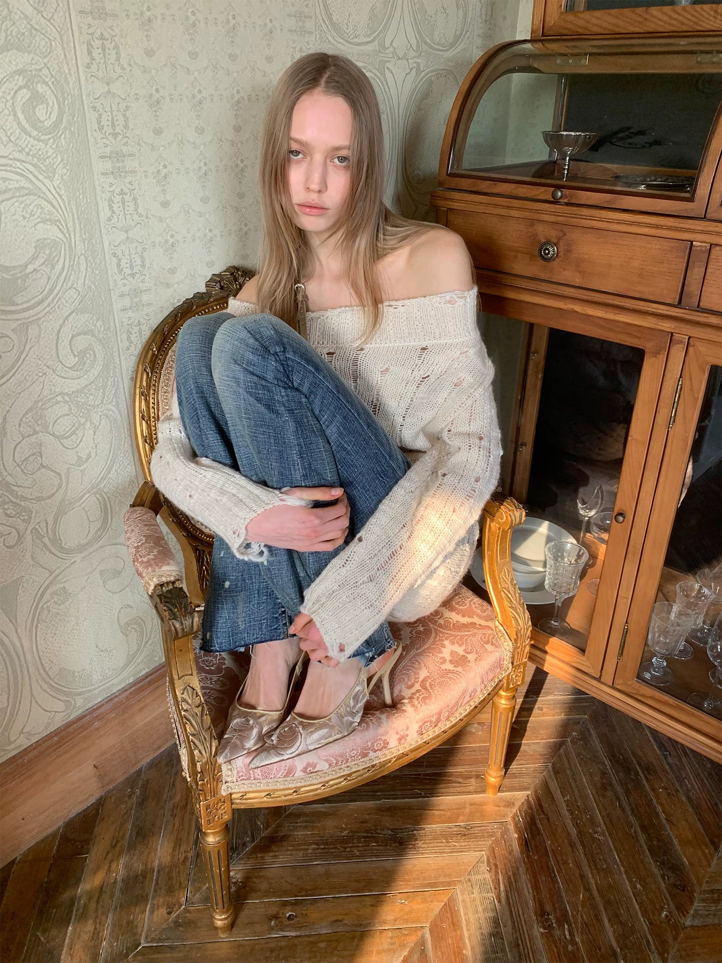 Off-Shoulder Belt Distressed Cable Knit Sweater