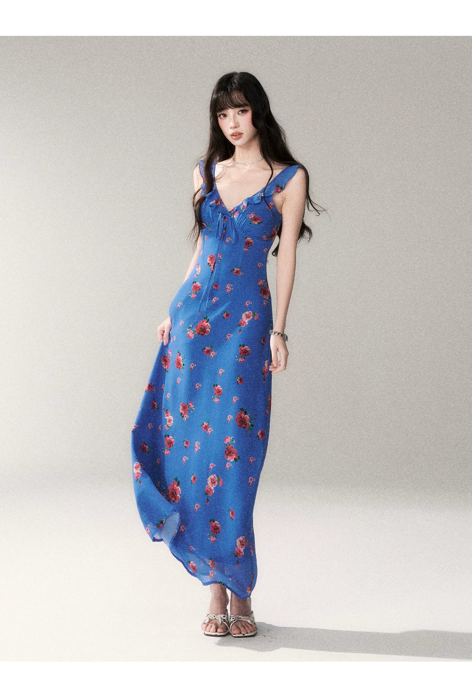 Blue Rose V-Neck Resort Maxi Dress