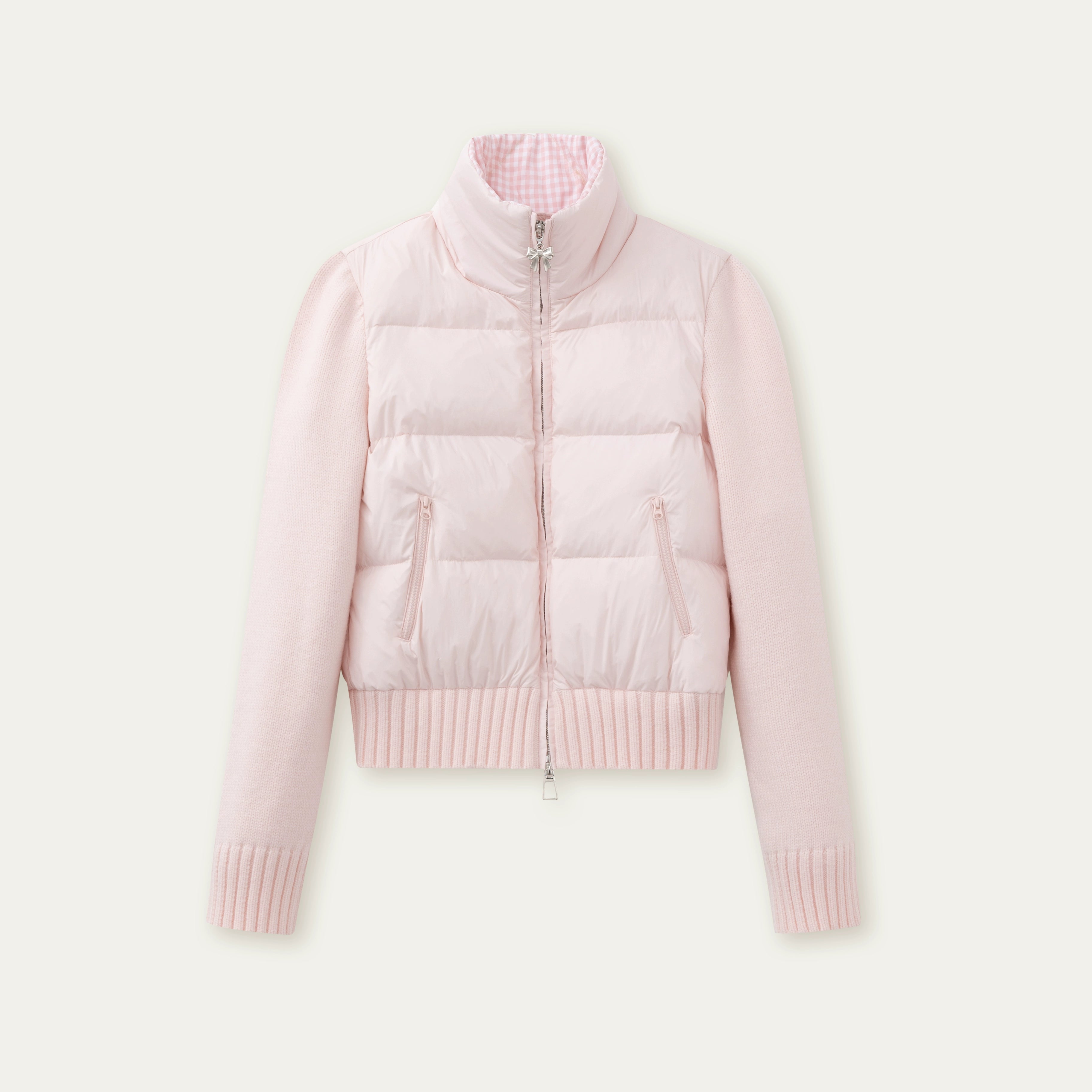 Cream Knit-Panel Down Jacket