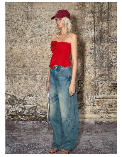 Red Floral Ruched Bandeau Crop T-shirt