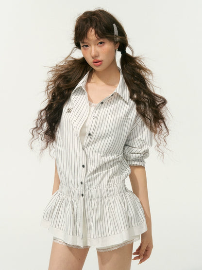 Waisted Collar Ruffle Blouse