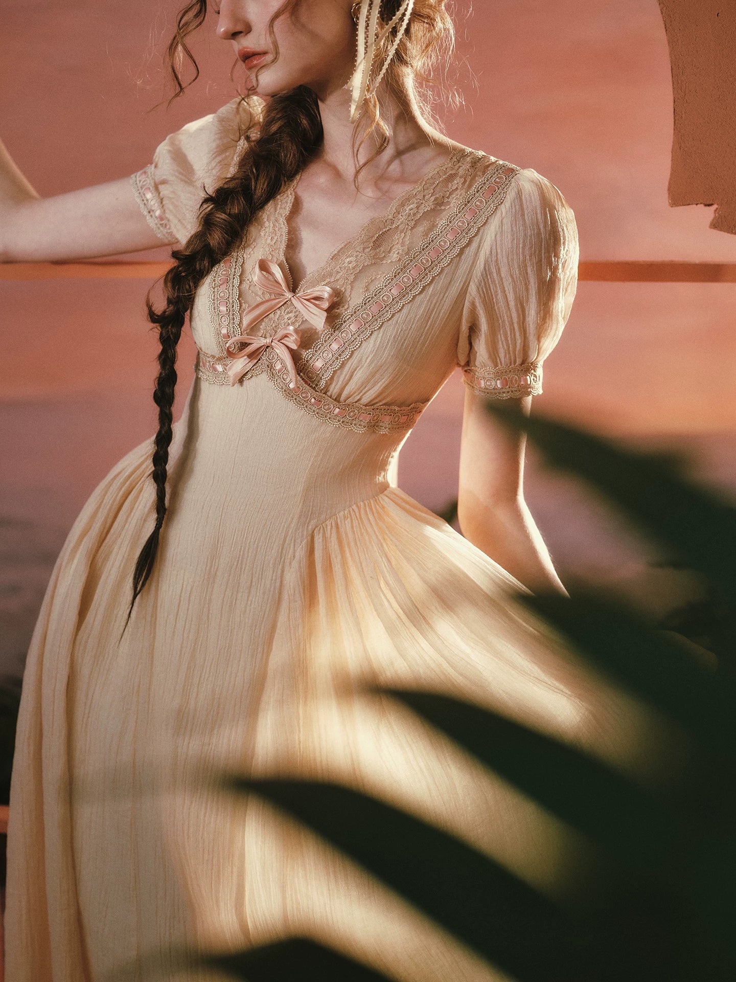 Sunset Rose French Vintage V-Neck Waist-Cinching Dress