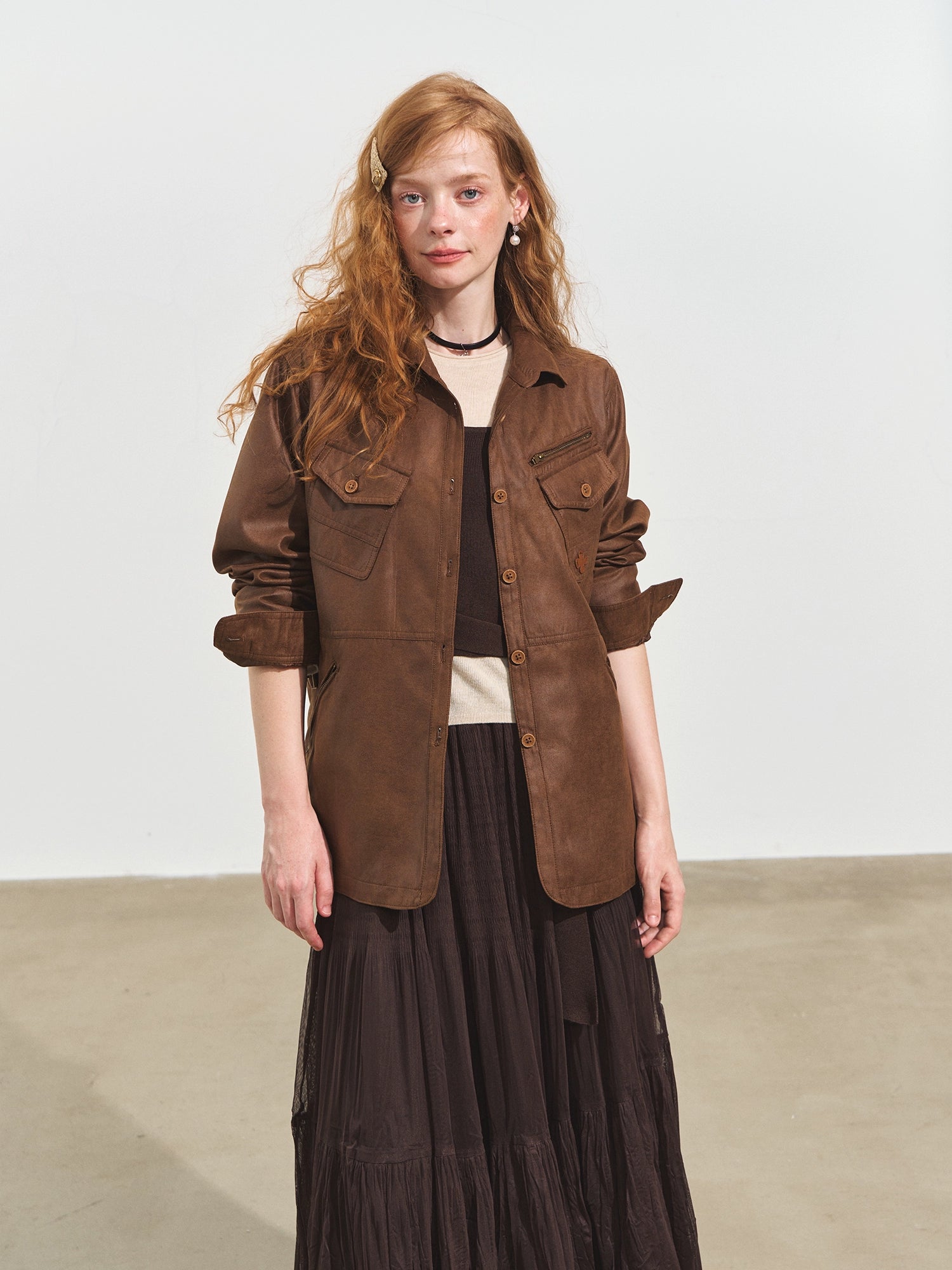 Multi-Pocket Suede Utility Jacket