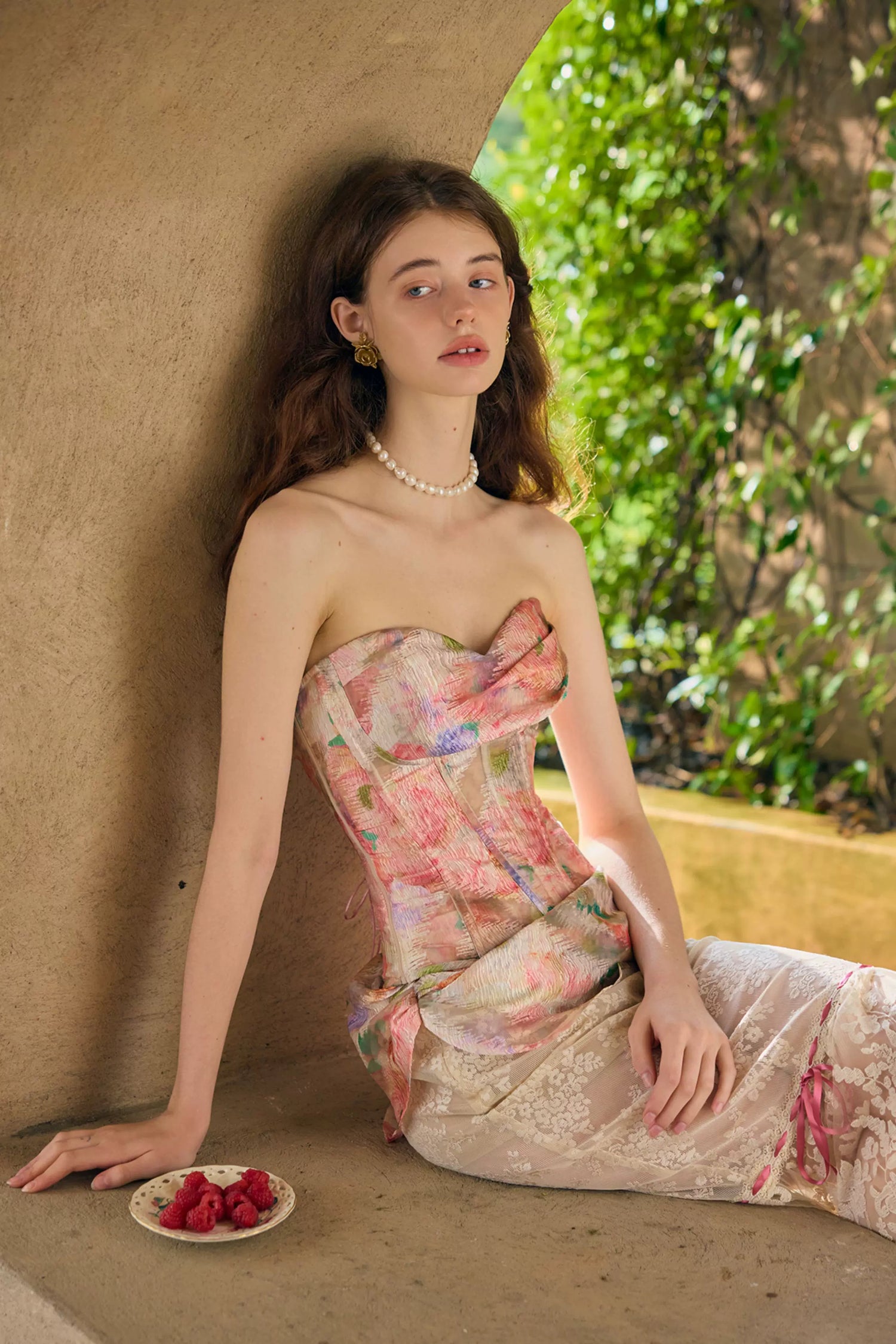 Romantic Oil-Paint Lace Corset Top &amp; Skirt Set