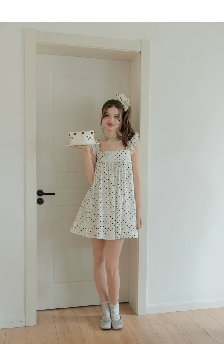 White Polka Dot Flutter Sleeve Dress