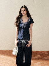 Navy Lace-Trim Knit Blouse - CHINASQUAD