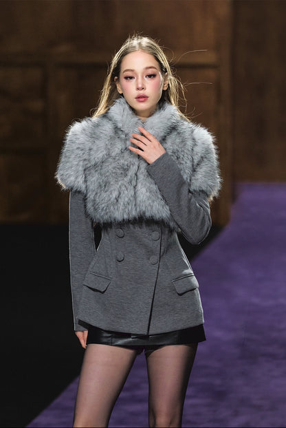 Faux Fur Collar Layered Double-Breasted Blazer Set