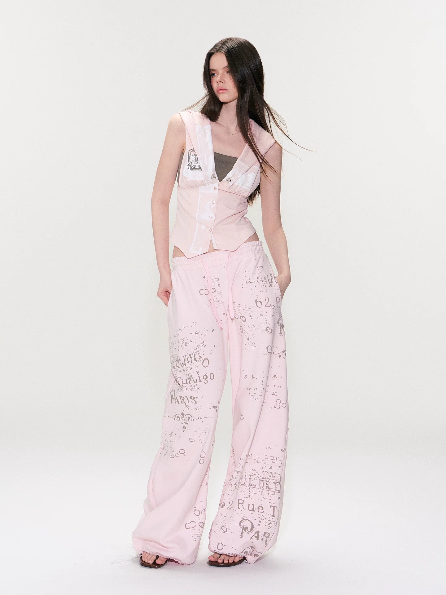 Vintage Graphic Drawstring Wide-Leg Pants