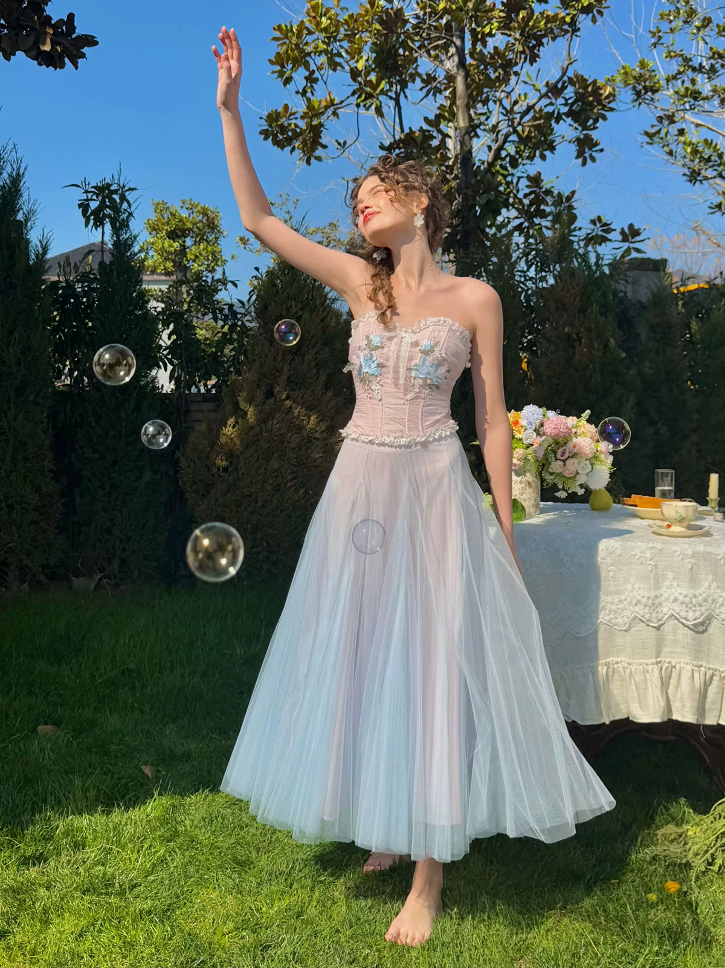 Blue Lily Strapless Corset Top &amp; Mesh Skirt Set