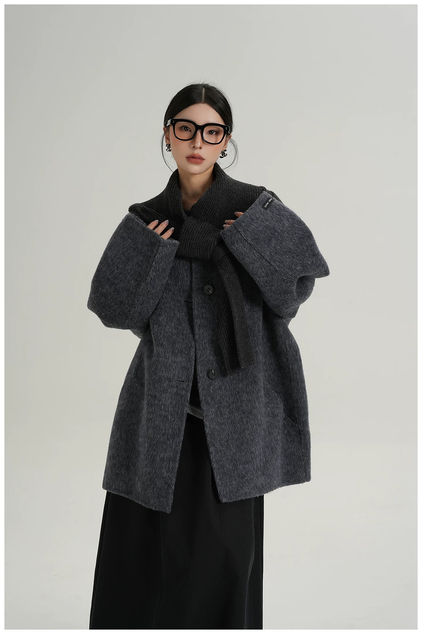 Knitted Hooded Scarf Mid-Length Wool Coat