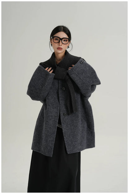 Knitted Hooded Scarf Mid-Length Wool Coat