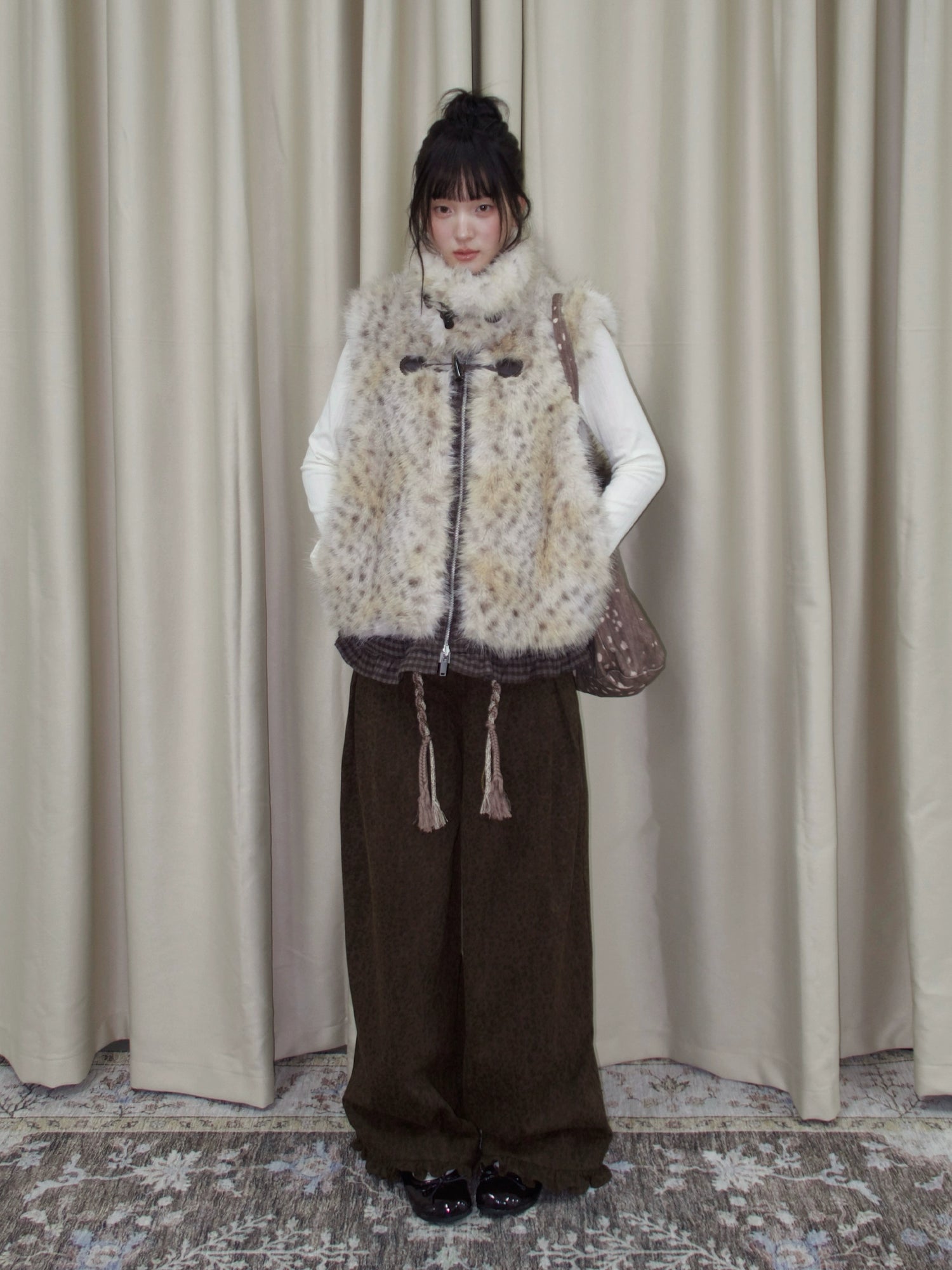 Faux Fur Leopard-Panel Lace-Trim Vest