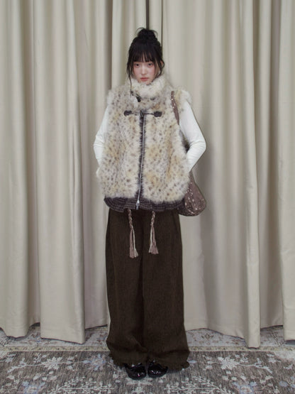 Faux Fur Leopard-Panel Lace-Trim Vest