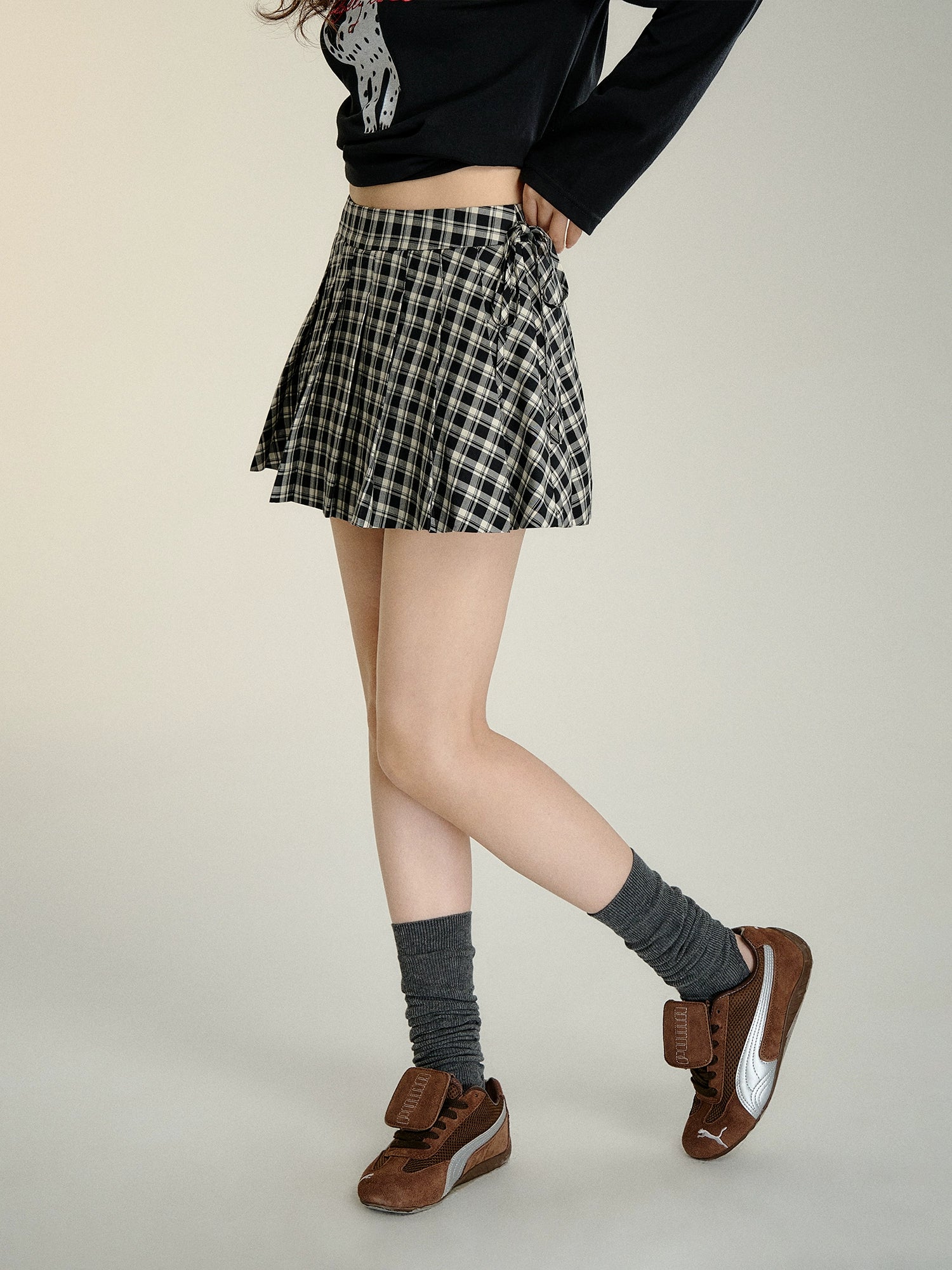 Bow Tie Plaid Pleated Skirt