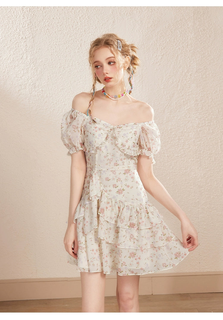 White Floral Puff Sleeve U-neck Dress