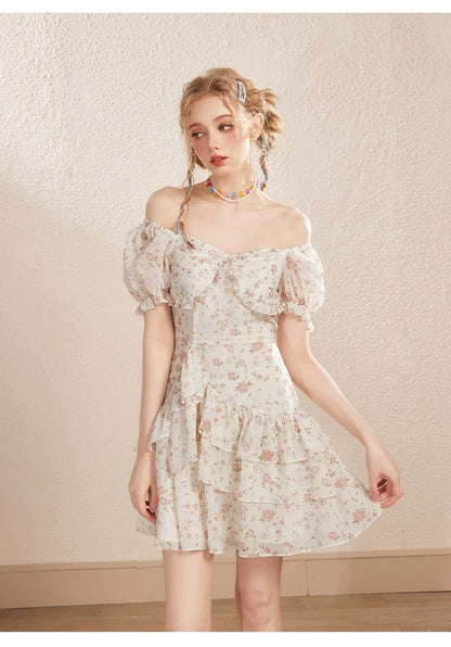 White Floral Puff Sleeve U-neck Dress