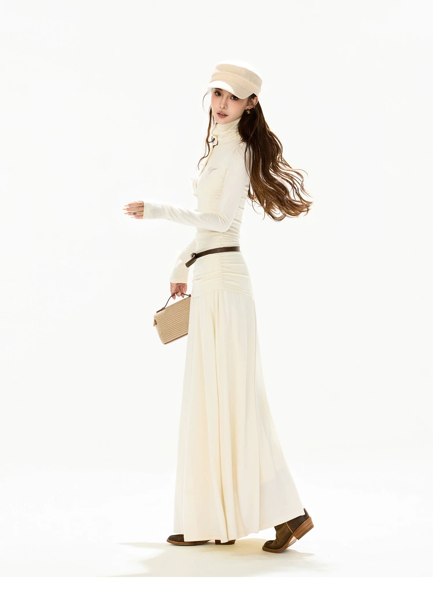 Elegant High-Neck Wool Knit Maxi Dress