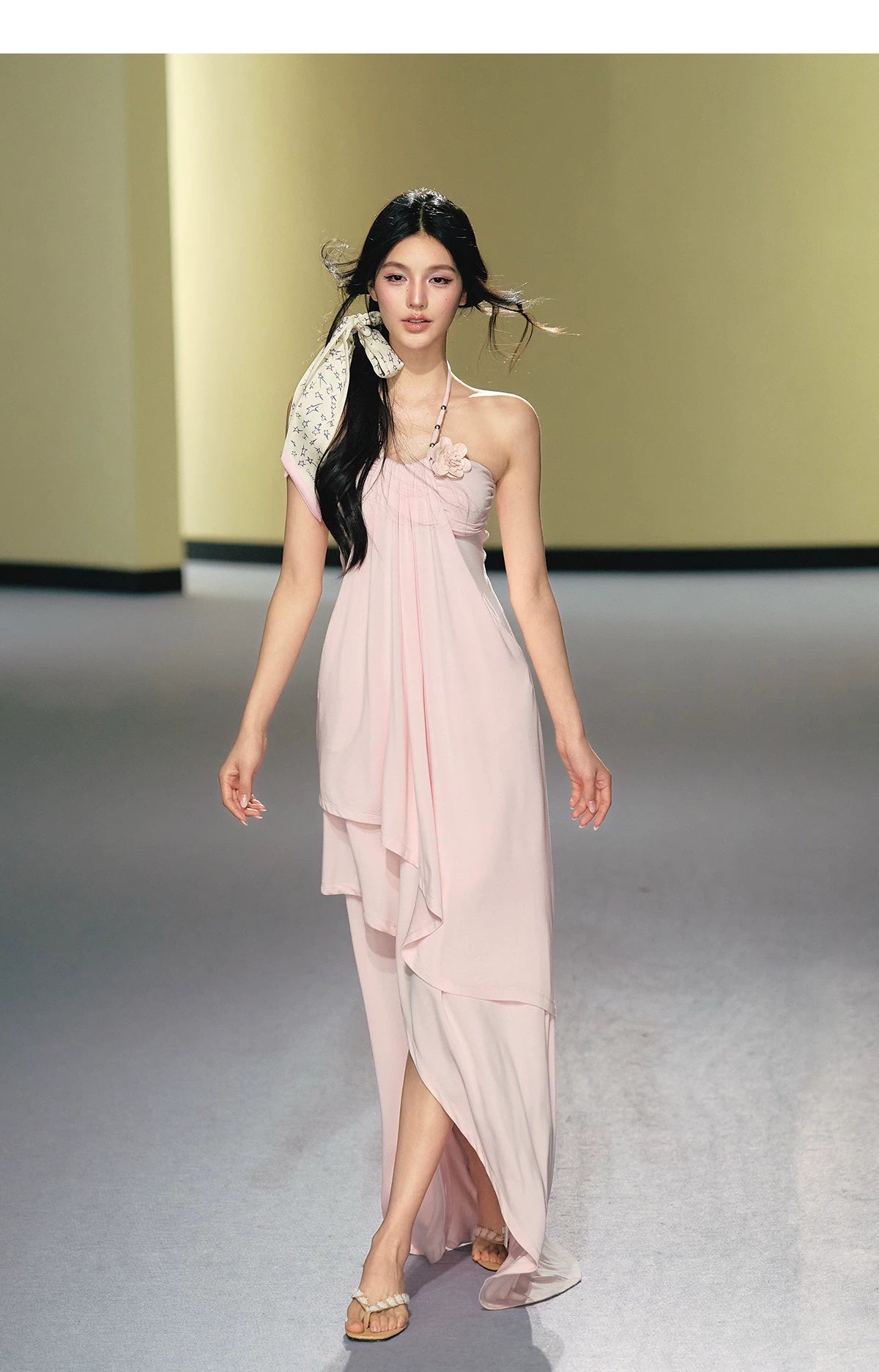 Blush Layered Halter Draped Maxi Dress