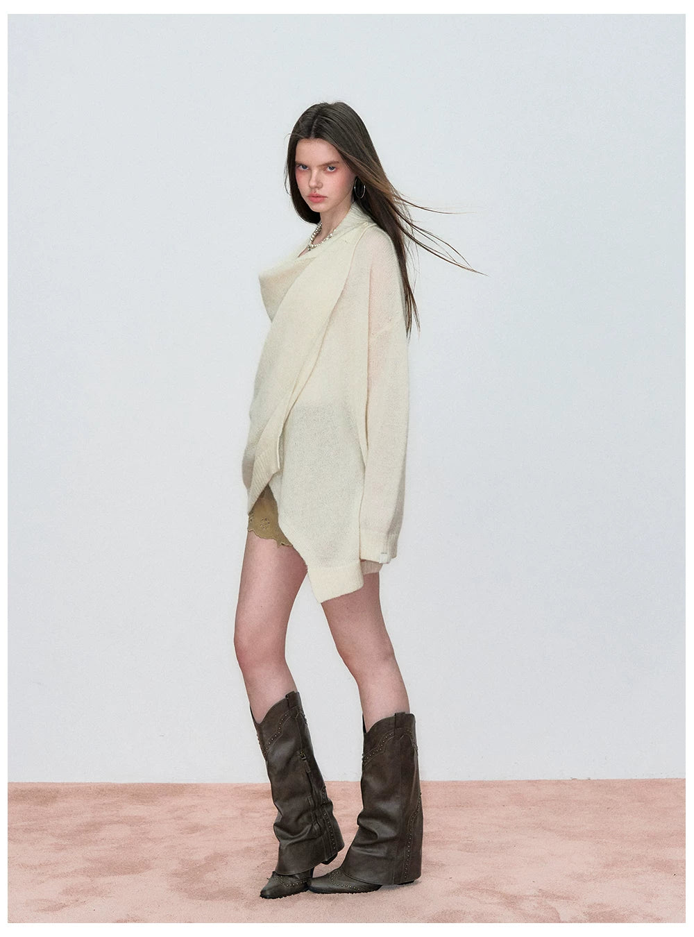 Shawl-Style Asymmetric Wool Knit Sweater