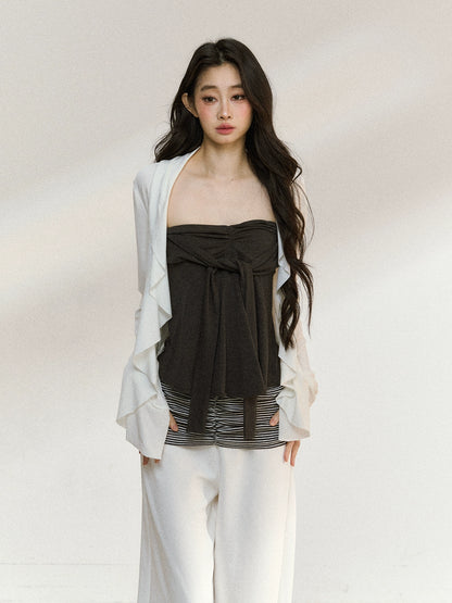 Layered Ruffle-Edge Cardigan &amp; Tube Top Set
