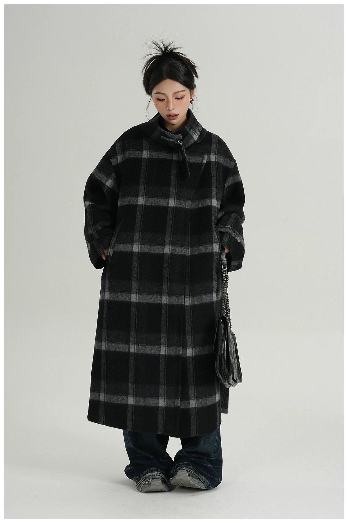 Plaid Stand-Collar Double-Faced Wool Coat