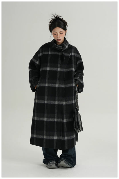 Plaid Stand-Collar Double-Faced Wool Coat